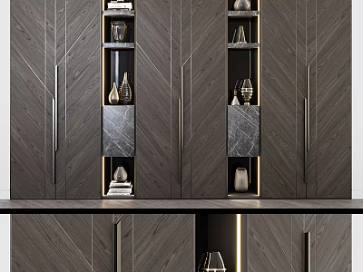 Modern Dark Wooden Decorative Cabinet With Marble Panels Display Shelves LED Lighting And Ornaments 3d model