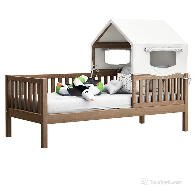 Wooden Baby Bed Featuring Tent Roof Window and Stuffed Toys for Cozy Safe Sleep 3d model 
