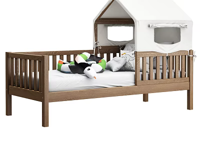 Wooden Baby Bed Featuring Tent Roof Window and Stuffed Toys for Cozy Safe Sleep 3d model