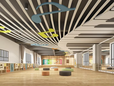 Kindergarten Indoor Space With Colorful Geometric Ceiling Wooden Floor Storage Cabinets And Colorful Cushions 3d model