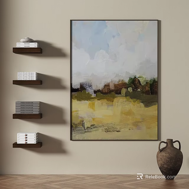 Abstract Painting Wall Art With Bookshelves Books And Clay Vase Interior 3d model 