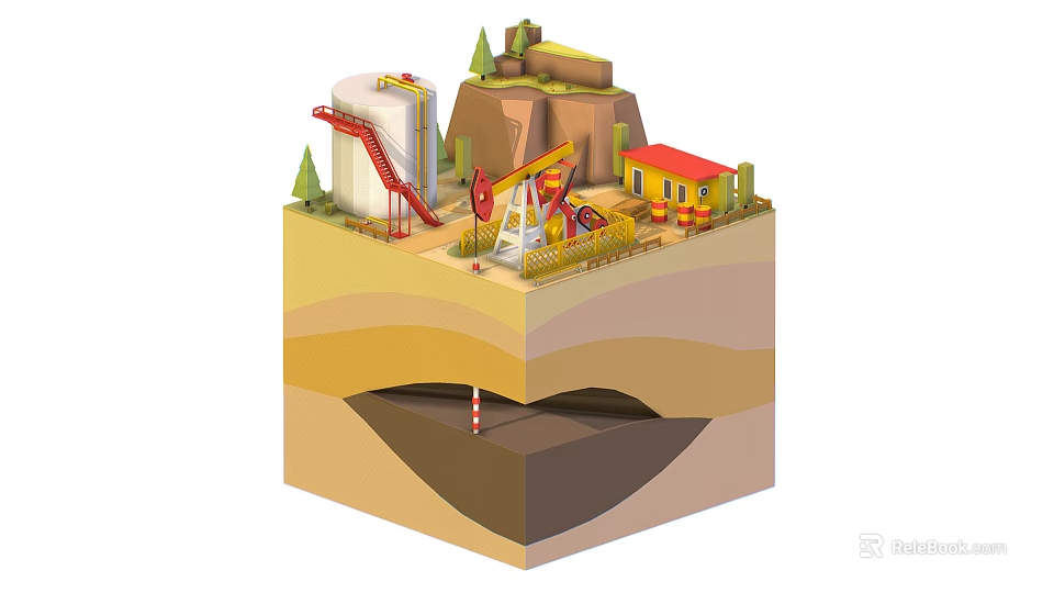 Cartoon Style Oil Mining Scene Featuring Pumpjack Oil Tank Small Building Layered Ground Underground Trees 3d model 