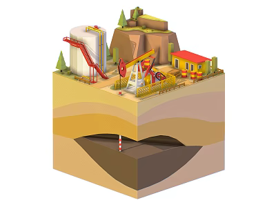 Cartoon Style Oil Mining Scene Featuring Pumpjack Oil Tank Small Building Layered Ground Underground Trees 3d model