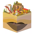 Cartoon Style Oil Mining Scene Featuring Pumpjack Oil Tank Small Building Layered Ground Underground Trees