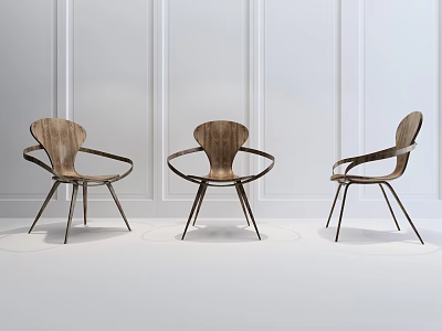 Set Of Three Modern Wooden Dining Chairs With Curved Backrest And Metal Legs 3d model