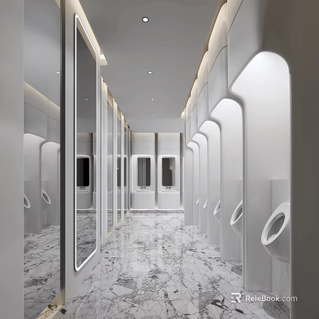 Modern Public Restroom Interior With Marble Floor White Partitions Mirrors And Lighting 3d model 