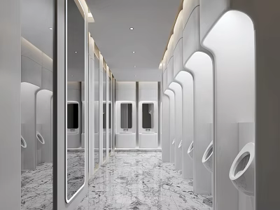 Modern Public Restroom Interior With Marble Floor White Partitions Mirrors And Lighting 3d model