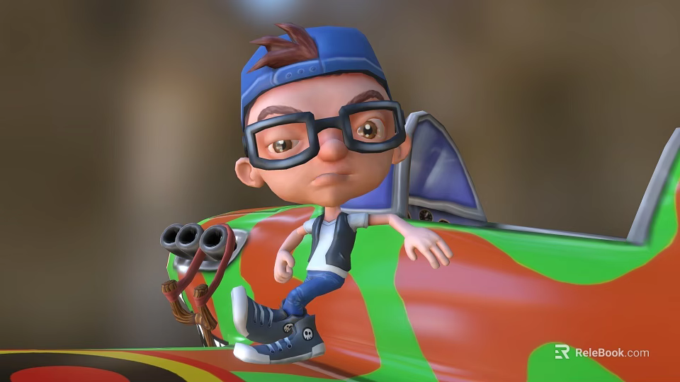 Cartoon Man In Blue Cap And Glasses Leaning On Green Orange Camouflage Car With Sneakers 3d model 