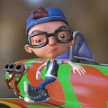 Cartoon Man In Blue Cap And Glasses Leaning On Green Orange Camouflage Car With Sneakers