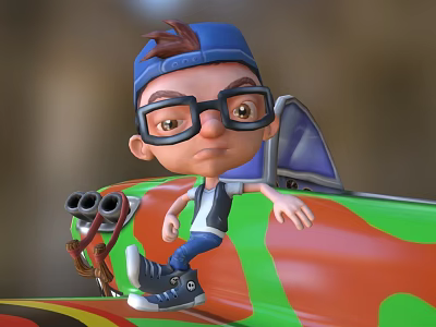 Cartoon Man In Blue Cap And Glasses Leaning On Green Orange Camouflage Car With Sneakers 3d model