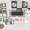 Wooden Display Shelves Featuring Circular Boards White Sculptures Decorative Artworks And Modern Setup