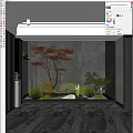 Indoor Landscape Design With Red Maple Tree Small Shrubs And Stone Wall Features
