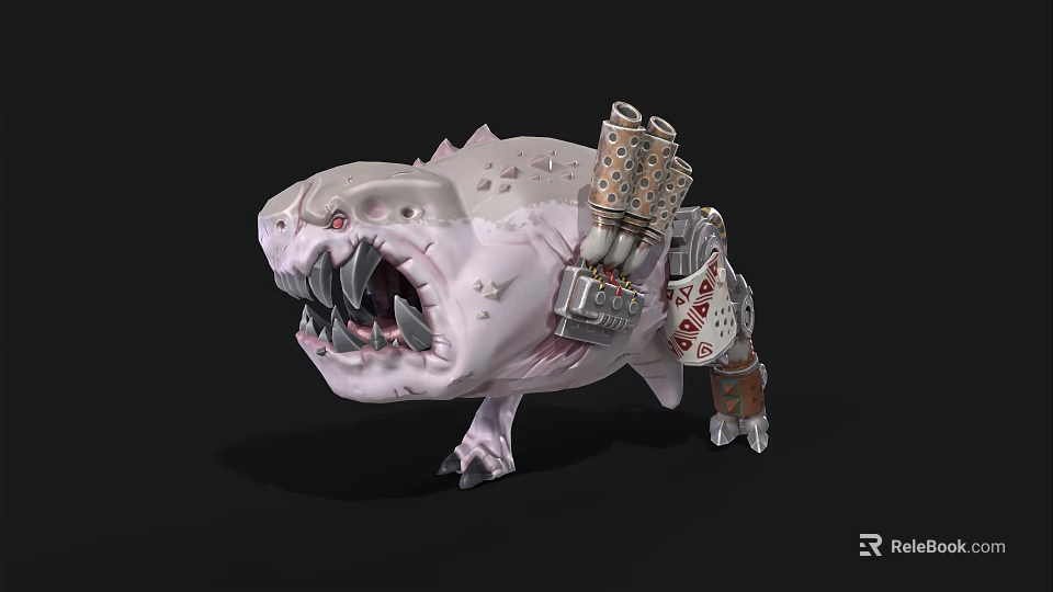 Fantasy Creature With Mechanical Pipes Spiked White Body And Sharp Teeth 3d model 