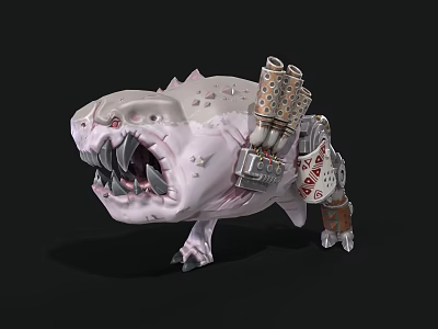 Fantasy Creature With Mechanical Pipes Spiked White Body And Sharp Teeth 3d model