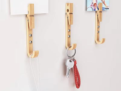 Wall Mounted Wooden Hooks With Key Holder And Photo Clip Functionality 3d model