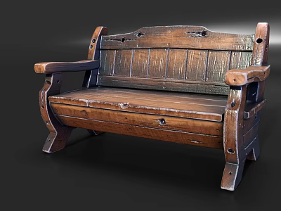 Outdoor Wooden Bench with Armrests and Traditional Solid Wood Design 3d model