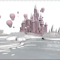 Pink Castle In Snowy Winter Landscape With Floating Balloons Blue Sky And Icy Lake