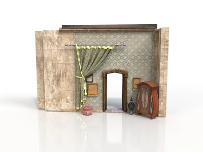 Vintage Room Scene Component With Stone Walls Patterned Wallpaper Green Curtains And Wooden Cabinet 3d model