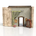 Vintage Room Scene Component With Stone Walls Patterned Wallpaper Green Curtains And Wooden Cabinet