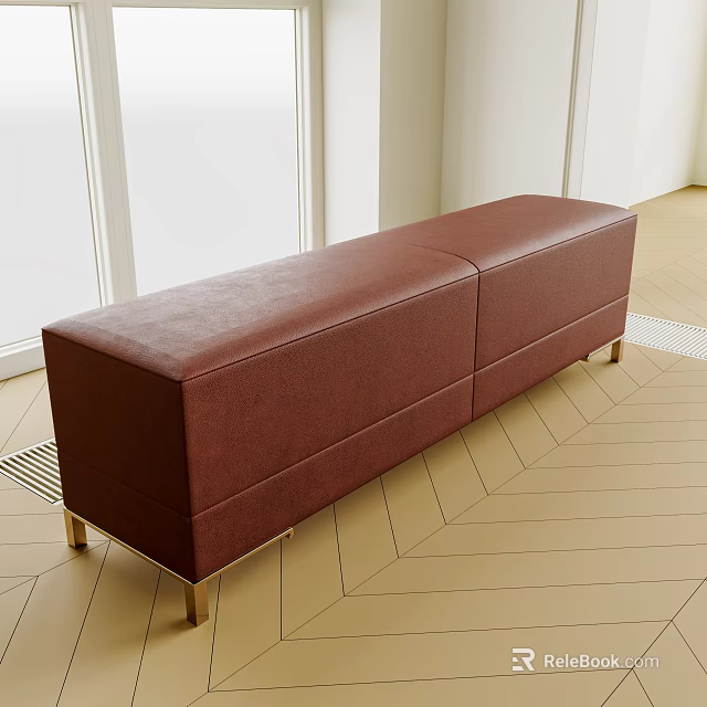 Brown Leather Sofa Bench With Metal Legs On Herringbone Pattern Floor 3d model 