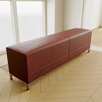 Brown Leather Sofa Bench With Metal Legs On Herringbone Pattern Floor 3d model