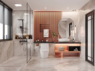 Modern Bathroom Interior With Marble Walls Glass Shower And Wooden Slat Accent Wall 3d model