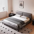 Modern Bedroom Interior Design With Gray Leather Bed Blinds And Plant Painting