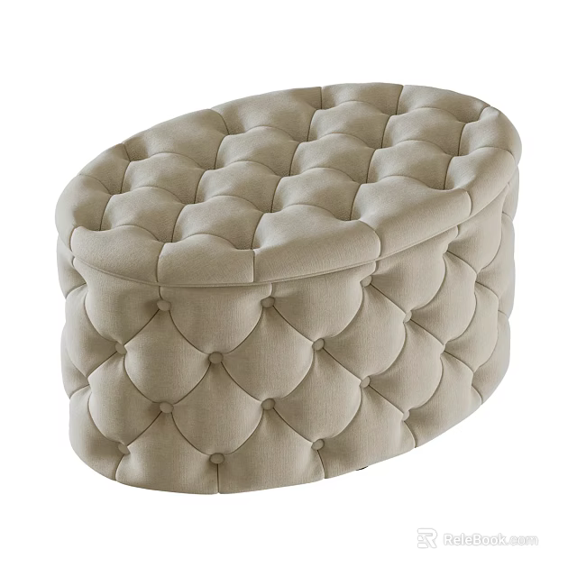 Beige Tufted Round Ottoman With Elegant Upholstered Design And Button Details 3d model 