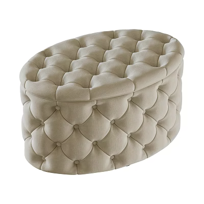 Beige Tufted Round Ottoman With Elegant Upholstered Design And Button Details 3d model