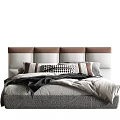 Modern Double Bed With Brown And White Headboard Checkered Pillows And Gray Bedding 3d model