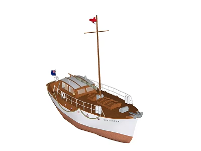 Classic Brown And White Sailing Boat With Mast Red Flag And Little Joy Name 3d model