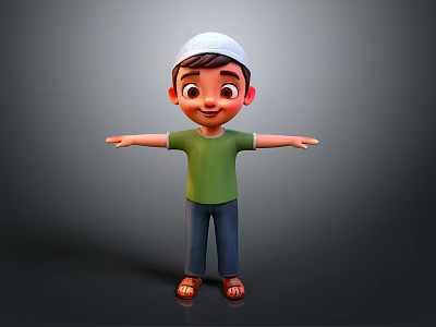 Smiling Child In White Cap Green Shirt Blue Pants Brown Sandals With Arms Outstretched 3d model