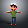 Smiling Child In White Cap Green Shirt Blue Pants Brown Sandals With Arms Outstretched