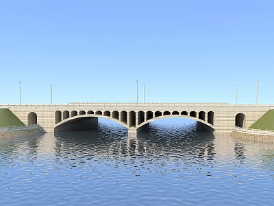 Stone Arch Bridge Over Water With Street Lamps And Blue Sky Reflections 3d model