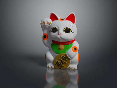 Traditional White Maneki Neko Cat With Red Ears Green Collar And Gold Coin 3d model