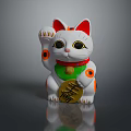 Traditional White Maneki Neko Cat With Red Ears Green Collar And Gold Coin