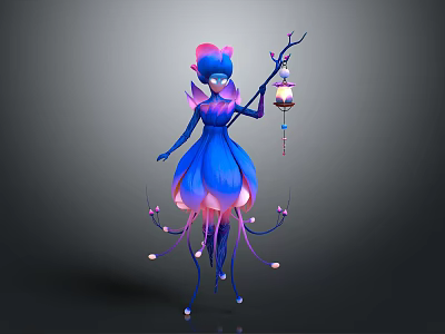 Fantasy Game Movie Character With Blue Outfit Pink Hair Lantern Staff And Petal Like Skirt Glowing Decorations 3d model