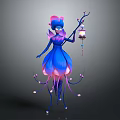 Fantasy Game Movie Character With Blue Outfit Pink Hair Lantern Staff And Petal Like Skirt Glowing Decorations