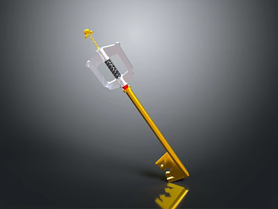 Golden Key With Transparent Square Section Yellow Top Decoration And Black Red Handle Details 3d model