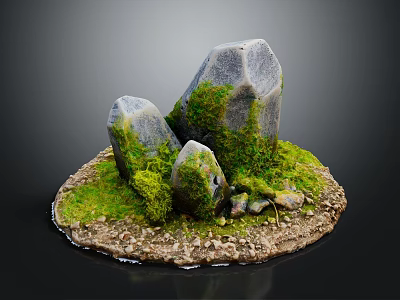 Natural Wood Stone Landscape Ornament With Moss Covered Rocks Grass And Pebbles 3d model