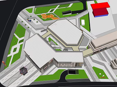 Commercial Complex Layout Design With Connected Buildings Green Space Plaza And Access Roads 3d model