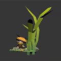 Mushroom Shaped Game Movie Character With Long Green Grass And Small Stones On Green Platform