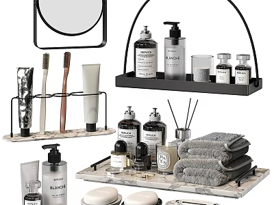 Daily Bathroom Washing Essentials With Storage Rack Towels And Toiletries On Marble Tray 3d model