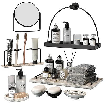 Daily Bathroom Washing Essentials With Storage Rack Towels And Toiletries On Marble Tray 3d model