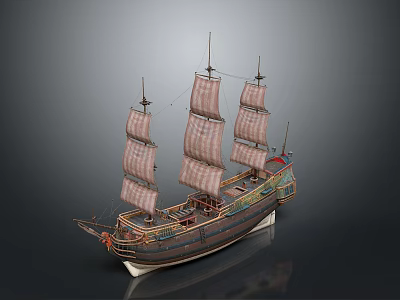 Detailed Sailboat Model With Multiple Masts Detailed Sails And Decorated Hull On Dark Background 3d model
