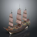 Detailed Sailboat Model With Multiple Masts Detailed Sails And Decorated Hull On Dark Background