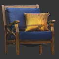 Comfortable Wooden Chair With Blue Cushion Yellow Pillow And Classic Armrest Design