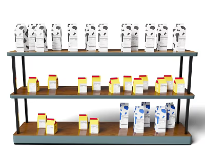 Milk Cartons Displayed on Three Tier Shelf with Various Colors and Designs 3d model