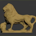 Golden Lion Sculpture Carving With Standing Pose And Shiny Ball On Base