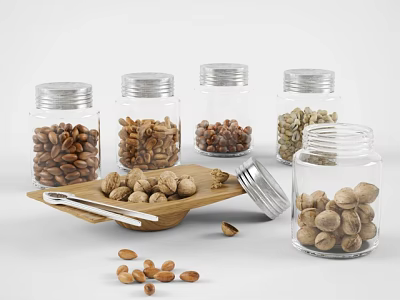 Transparent Glass Spice Jars With Metal Lids On Wooden Tray For Kitchen Storage 3d model